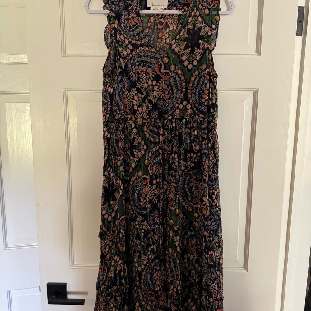 Anthropologie Black Paisley Maxi Dress with Green, Pink & Orange Accents